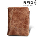 กระเป๋าสตางค์หนังวัวแท้ลายม้าบ้าซิปพับสามทบสั้น ใส่บัตร ป้องกัน RFID ใส่เหรียญ กระเป๋าใส่บัตรสำหรับผู้ชาย ขนาด: 12*9.5*4cm (สีเทาอมน้ำตาล), 3585