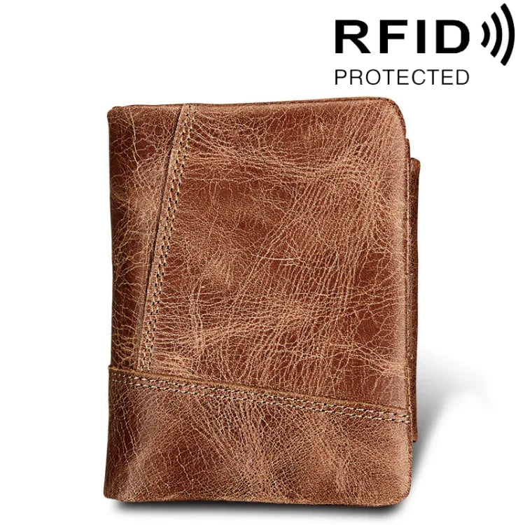 กระเป๋าสตางค์หนังวัวแท้ลายม้าบ้าซิปพับสามทบสั้น ใส่บัตร ป้องกัน RFID ใส่เหรียญ กระเป๋าใส่บัตรสำหรับผู้ชาย ขนาด: 12*9.5*4cm (สีเทาอมน้ำตาล), 3585
