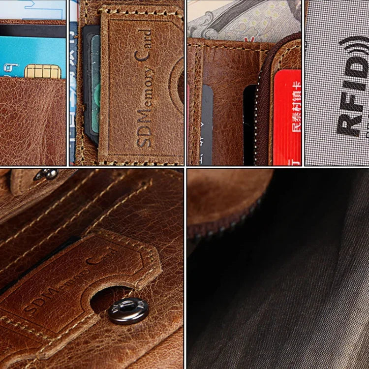 กระเป๋าสตางค์หนังวัวแท้ลายม้าบ้าซิปพับสามทบสั้น ใส่บัตร ป้องกัน RFID ใส่เหรียญ กระเป๋าใส่บัตรสำหรับผู้ชาย ขนาด: 12*9.5*4cm (สีเทาอมน้ำตาล), 3585
