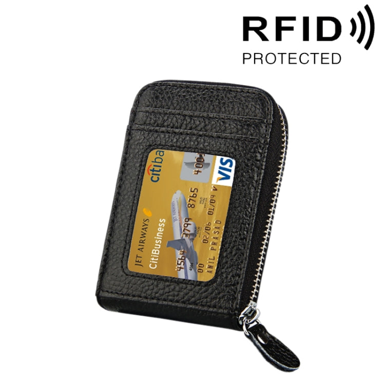 กระเป๋าสตางค์ใส่บัตรซิปแนวตั้งหนังวัวแท้ สีพื้น ป้องกัน RFID พร้อมช่องใส่บัตร 12 ช่อง ขนาด: 11.5*7.5 ซม.
