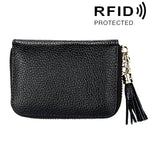 กระเป๋าสตางค์หนังวัวแท้สีพื้น ซิปใส่บัตร ป้องกัน RFID พร้อมพู่และช่องใส่บัตร 15 ช่อง สำหรับผู้หญิง ขนาด: 11.1*7.6*3.5 ซม.