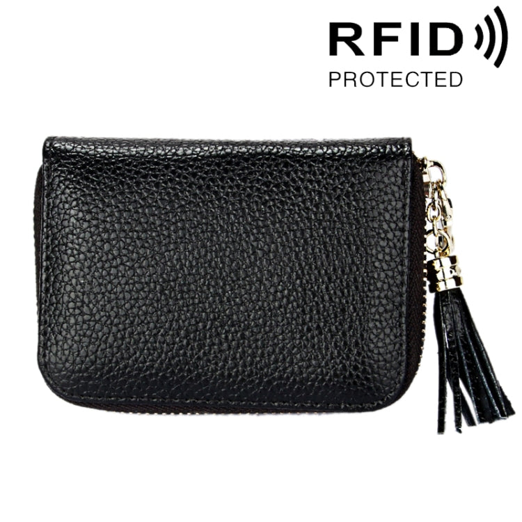 กระเป๋าสตางค์หนังวัวแท้สีพื้น ซิปใส่บัตร ป้องกัน RFID พร้อมพู่และช่องใส่บัตร 15 ช่อง สำหรับผู้หญิง ขนาด: 11.1*7.6*3.5 ซม.