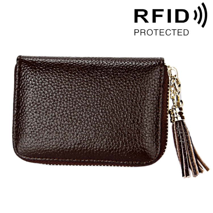 กระเป๋าสตางค์หนังวัวแท้สีพื้น ซิปใส่บัตร ป้องกัน RFID พร้อมพู่และช่องใส่บัตร 15 ช่อง สำหรับผู้หญิง ขนาด: 11.1*7.6*3.5 ซม.