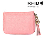 กระเป๋าสตางค์หนังวัวแท้สีพื้น ซิปใส่บัตร ป้องกัน RFID พร้อมพู่และช่องใส่บัตร 15 ช่อง สำหรับผู้หญิง ขนาด: 11.1*7.6*3.5 ซม.
