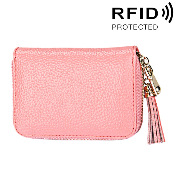 กระเป๋าสตางค์หนังวัวแท้สีพื้น ซิปใส่บัตร ป้องกัน RFID พร้อมพู่และช่องใส่บัตร 15 ช่อง สำหรับผู้หญิง ขนาด: 11.1*7.6*3.5 ซม.