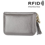 กระเป๋าสตางค์หนังวัวแท้สีพื้น ซิปใส่บัตร ป้องกัน RFID พร้อมพู่และช่องใส่บัตร 15 ช่อง สำหรับผู้หญิง ขนาด: 11.1*7.6*3.5 ซม.