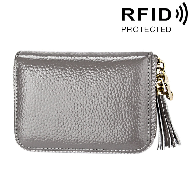 กระเป๋าสตางค์หนังวัวแท้สีพื้น ซิปใส่บัตร ป้องกัน RFID พร้อมพู่และช่องใส่บัตร 15 ช่อง สำหรับผู้หญิง ขนาด: 11.1*7.6*3.5 ซม.