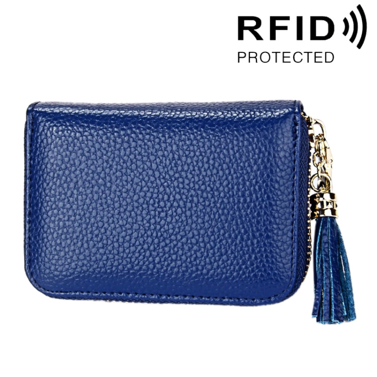 กระเป๋าสตางค์หนังวัวแท้สีพื้น ซิปใส่บัตร ป้องกัน RFID พร้อมพู่และช่องใส่บัตร 15 ช่อง สำหรับผู้หญิง ขนาด: 11.1*7.6*3.5 ซม.