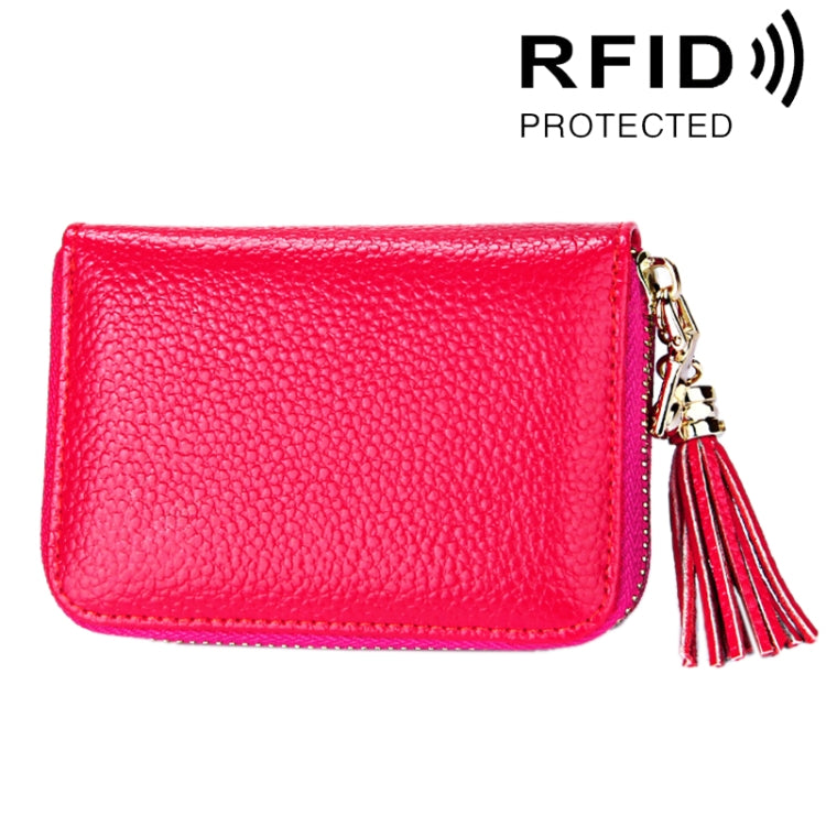กระเป๋าสตางค์หนังวัวแท้สีพื้น ซิปใส่บัตร ป้องกัน RFID พร้อมพู่และช่องใส่บัตร 15 ช่อง สำหรับผู้หญิง ขนาด: 11.1*7.6*3.5 ซม.