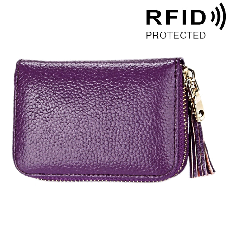 กระเป๋าสตางค์หนังวัวแท้สีพื้น ซิปใส่บัตร ป้องกัน RFID พร้อมพู่และช่องใส่บัตร 15 ช่อง สำหรับผู้หญิง ขนาด: 11.1*7.6*3.5 ซม.