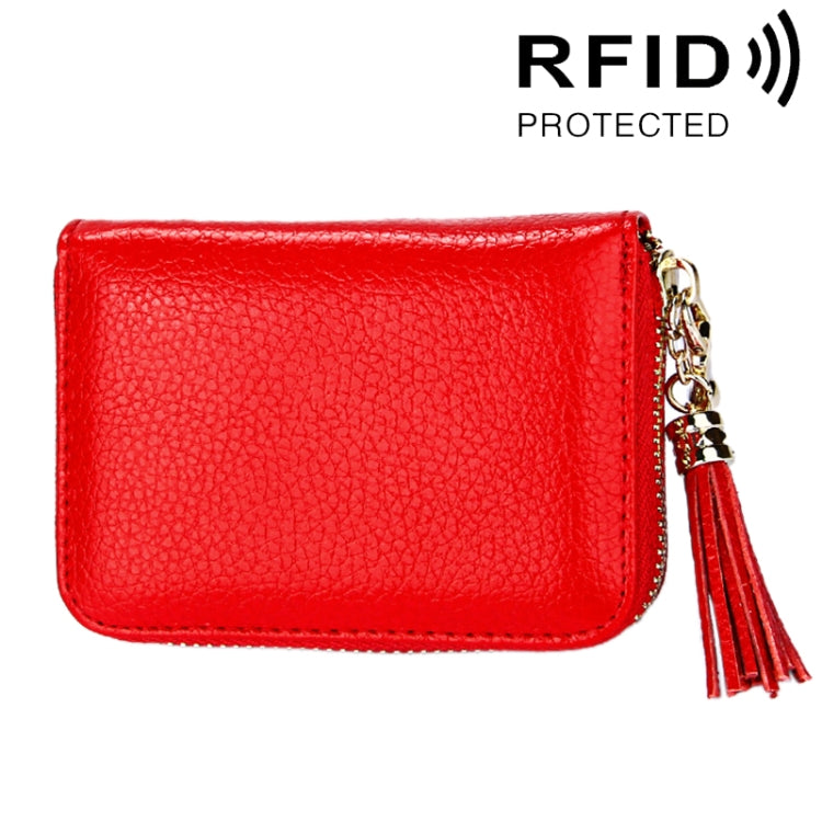 กระเป๋าสตางค์หนังวัวแท้สีพื้น ซิปใส่บัตร ป้องกัน RFID พร้อมพู่และช่องใส่บัตร 15 ช่อง สำหรับผู้หญิง ขนาด: 11.1*7.6*3.5 ซม.