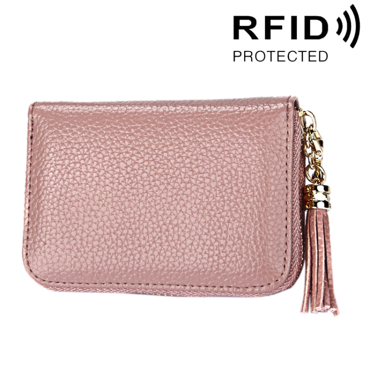 กระเป๋าสตางค์หนังวัวแท้สีพื้น ซิปใส่บัตร ป้องกัน RFID พร้อมพู่และช่องใส่บัตร 15 ช่อง สำหรับผู้หญิง ขนาด: 11.1*7.6*3.5 ซม.