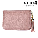 กระเป๋าสตางค์หนังวัวแท้สีพื้น ซิปใส่บัตร ป้องกัน RFID พร้อมพู่และช่องใส่บัตร 15 ช่อง สำหรับผู้หญิง ขนาด: 11.1*7.6*3.5 ซม.