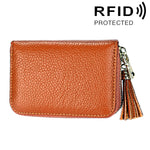 กระเป๋าสตางค์หนังวัวแท้สีพื้น ซิปใส่บัตร ป้องกัน RFID พร้อมพู่และช่องใส่บัตร 15 ช่อง สำหรับผู้หญิง ขนาด: 11.1*7.6*3.5 ซม.