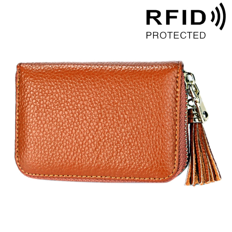 กระเป๋าสตางค์หนังวัวแท้สีพื้น ซิปใส่บัตร ป้องกัน RFID พร้อมพู่และช่องใส่บัตร 15 ช่อง สำหรับผู้หญิง ขนาด: 11.1*7.6*3.5 ซม.