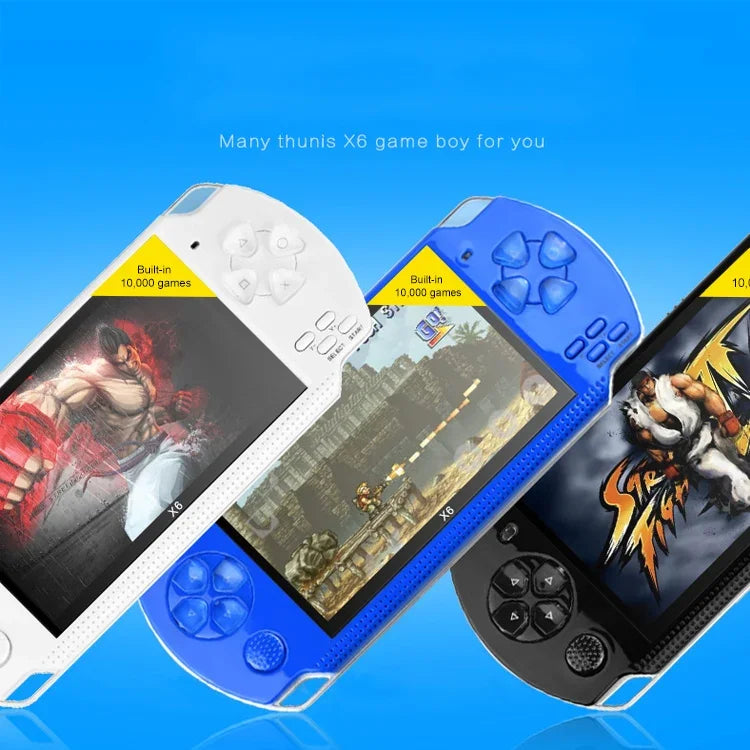 เครื่องเล่นเกมพกพาย้อนยุค X6 หน้าจอ 4.3 นิ้ว พร้อมกล้อง 3MP มีเกมในเครื่อง 10000 เกม รองรับหนังสืออิเล็กทรอนิกส์ / บันทึกเสียง / เล่นเพลง / เล่นวิดีโอ, รุ่น X6