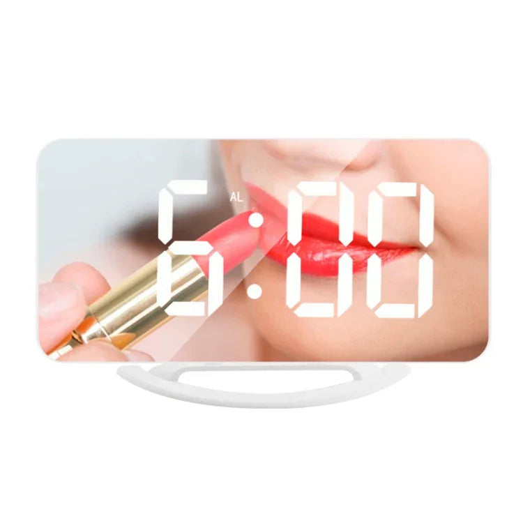 TS-8201-W กระจกแต่งหน้าพร้อมนาฬิกาโต๊ะ LED อเนกประสงค์ พร้อมนาฬิกาปลุกอิเล็กทรอนิกส์แบบอัตโนมัติและเซ็นเซอร์แสง