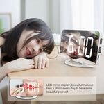 TS-8201-W กระจกแต่งหน้าพร้อมนาฬิกาโต๊ะ LED อเนกประสงค์ พร้อมนาฬิกาปลุกอิเล็กทรอนิกส์แบบอัตโนมัติและเซ็นเซอร์แสง