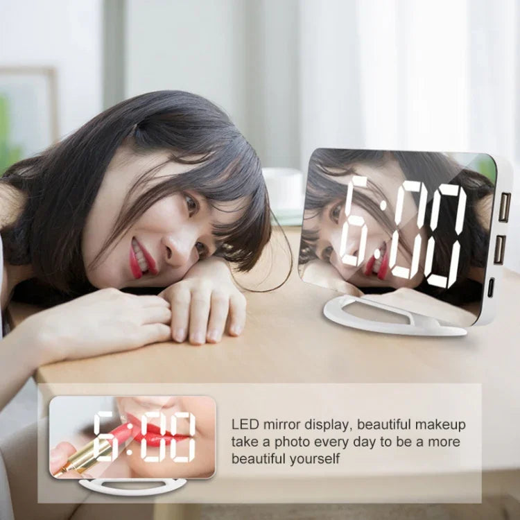 TS-8201-W กระจกแต่งหน้าพร้อมนาฬิกาโต๊ะ LED อเนกประสงค์ พร้อมนาฬิกาปลุกอิเล็กทรอนิกส์แบบอัตโนมัติและเซ็นเซอร์แสง
