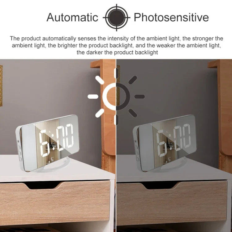 TS-8201-W กระจกแต่งหน้าพร้อมนาฬิกาโต๊ะ LED อเนกประสงค์ พร้อมนาฬิกาปลุกอิเล็กทรอนิกส์แบบอัตโนมัติและเซ็นเซอร์แสง