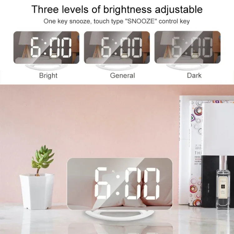 TS-8201-W กระจกแต่งหน้าพร้อมนาฬิกาโต๊ะ LED อเนกประสงค์ พร้อมนาฬิกาปลุกอิเล็กทรอนิกส์แบบอัตโนมัติและเซ็นเซอร์แสง
