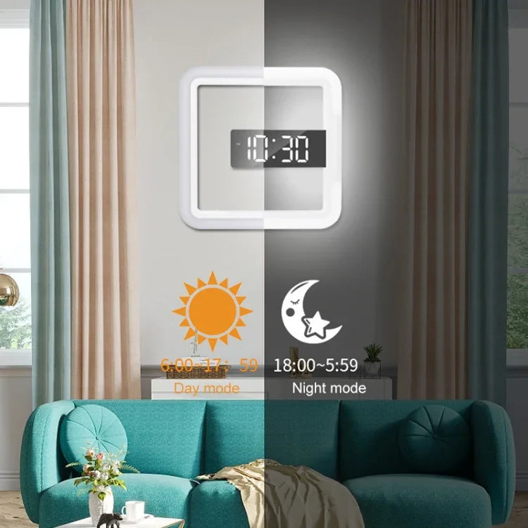 TS-S28-W นาฬิกาปลุกดิจิทัลอเนกประสงค์พร้อมเทอร์โมมิเตอร์ RGB รูปทรงสี่เหลี่ยม นาฬิกากระจก LED นาฬิกาแขวนผนังแบบกลวง, เทอร์โมมิเตอร์ RGB นาฬิกา