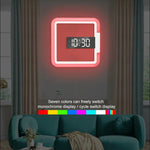 TS-S28-W นาฬิกาปลุกดิจิทัลอเนกประสงค์พร้อมเทอร์โมมิเตอร์ RGB รูปทรงสี่เหลี่ยม นาฬิกากระจก LED นาฬิกาแขวนผนังแบบกลวง, เทอร์โมมิเตอร์ RGB นาฬิกา