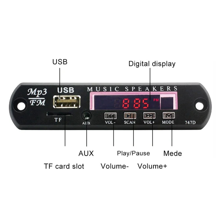 บอร์ดถอดรหัสเครื่องเล่น MP3 วิทยุรถยนต์ 12V รองรับ FM การ์ด TF USB ช่อง AUX 3.5 มม. ไม่มีบลูทูธและบันทึกเสียง