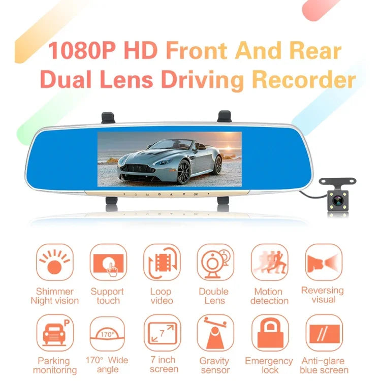 เครื่องบันทึกกล้องหลังรถยนต์ V100 หน้าจอสัมผัส LCD ขนาด 7 นิ้ว พร้อมกล้องแยก มุมมองกว้าง 170 องศา รองรับการมองเห็นกลางคืน / วิดีโอวนซ้ำ / ตรวจจับการเคลื่อนไหว / เซ็นเซอร์ G / การ์ด TF, 7 นิ้ว