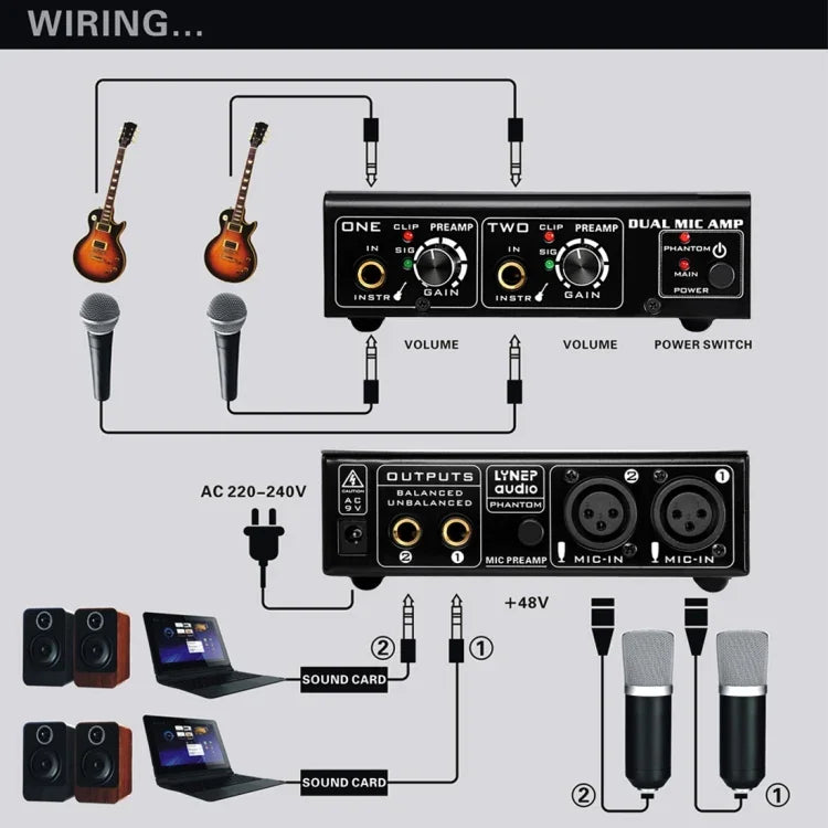 LINEPAUDIO A961 เครื่องขยายเสียงไมโครโฟน 2 ช่องสำหรับกีตาร์ไฟฟ้าและเบสไฟฟ้า, A961
