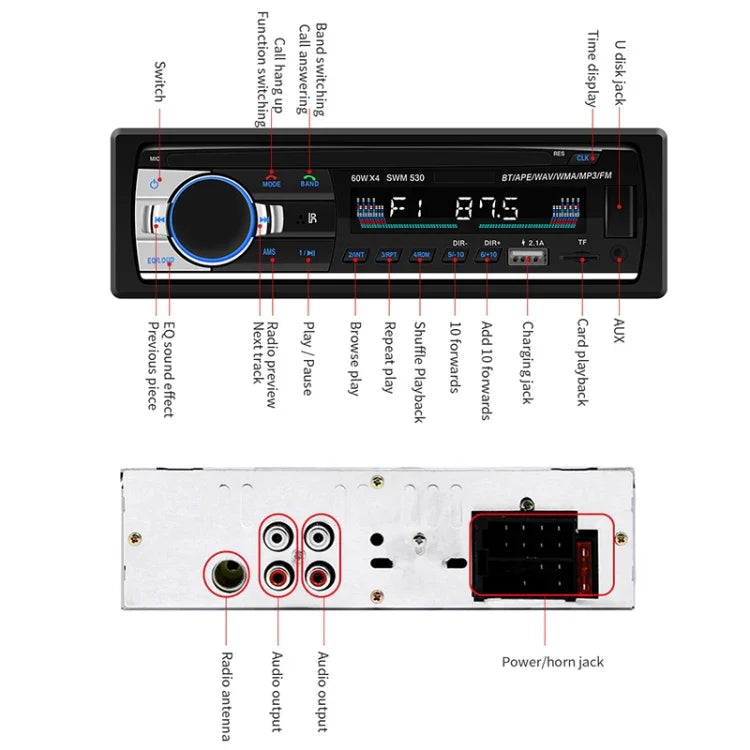 SWM-530 เครื่องชาร์จรถยนต์ 12V แบบ USB คู่ วิทยุ MP3 รองรับ FM และบลูทูธ พร้อมรีโมทคอนโทรล, SWM-530