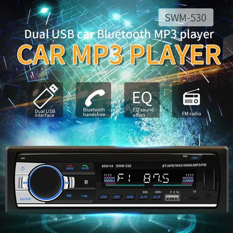 SWM-530 เครื่องชาร์จรถยนต์ 12V แบบ USB คู่ วิทยุ MP3 รองรับ FM และบลูทูธ พร้อมรีโมทคอนโทรล, SWM-530
