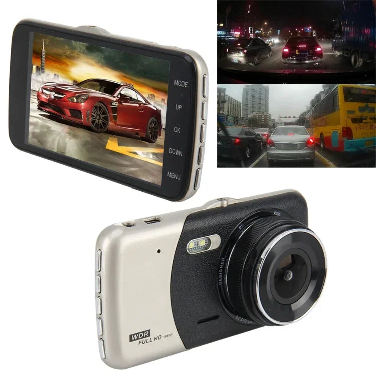 กล้องบันทึกวิดีโอความละเอียดสูงขนาด 4 นิ้ว พร้อมกล้องแยก F2.0 ความละเอียด 12MP มุมกว้าง 170 องศา / บันทึกภาพวนซ้ำมุมหลัง / บันทึกด้วยเซ็นเซอร์ G / WDR Full HD / กล้องหน้าความละเอียด 1080P / กล้องหลังความละเอียด 720P / รองรับการ์ด TF ขนาด 32G, ขนาด 4 นิ้ว