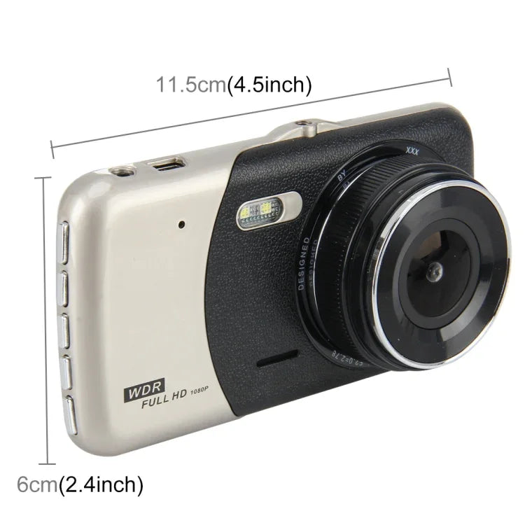 กล้องบันทึกวิดีโอความละเอียดสูงขนาด 4 นิ้ว พร้อมกล้องแยก F2.0 ความละเอียด 12MP มุมกว้าง 170 องศา / บันทึกภาพวนซ้ำมุมหลัง / บันทึกด้วยเซ็นเซอร์ G / WDR Full HD / กล้องหน้าความละเอียด 1080P / กล้องหลังความละเอียด 720P / รองรับการ์ด TF ขนาด 32G, ขนาด 4 นิ้ว