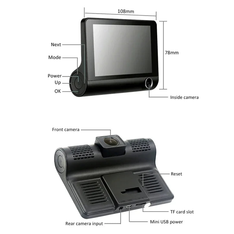 กล้องติดรถยนต์ DVR ขนาดหน้าจอ 4.0 นิ้ว IPS ความละเอียด 5.0 ล้านพิกเซล มุมกว้าง 170 องศา Full HD 1080P 3 ช่อง รองรับไฟเติมสำหรับกลางคืน / กล้องมองหลัง / การ์ด TF (สูงสุด 32GB) / เซ็นเซอร์ G / ตรวจจับการเคลื่อนไหว, 170 องศา
