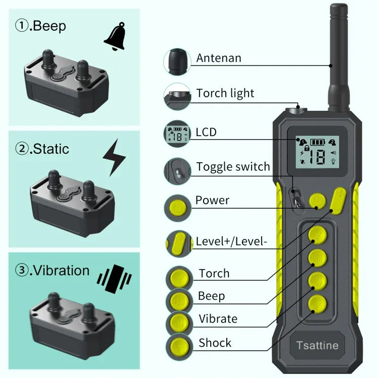 Tsattine T10 อุปกรณ์ฝึกสุนัขกันน้ำ IP68 ระยะ 2000 ฟุต พร้อมไฟ LCD, T10