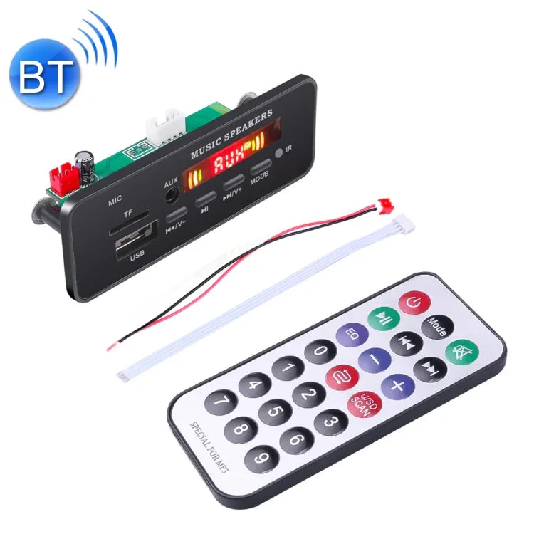 บอร์ดถอดรหัสเครื่องเล่น MP3 สำหรับรถยนต์ 12V 2x3W วิทยุ FM ช่อง TF USB ช่อง AUX 3.5 มม. พร้อมบลูทูธ ฟังก์ชันบันทึกเสียงโทรศัพท์ และรีโมทคอนโทรล, 12V