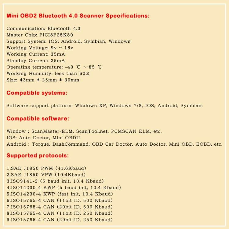 Mini Bluetooth 4.0 ELM327 OBD Car Fault Diagnostic Scanner with Power Switch, Bluetooth 4.0 with Power Switch