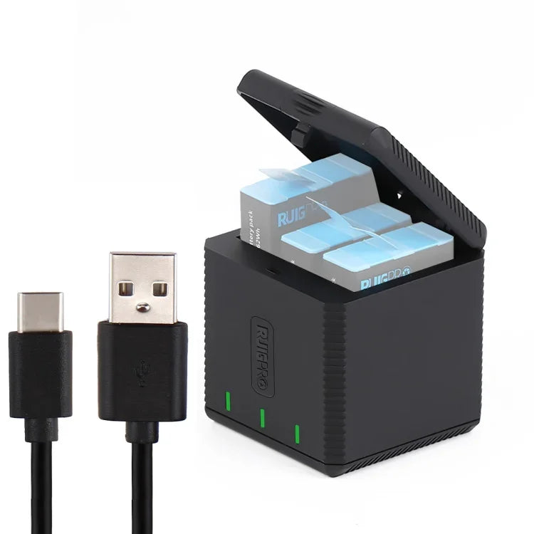 RUIGPRO กล่องชาร์จแบตเตอรี่สามช่อง USB พร้อมสายและไฟแสดงสถานะสำหรับ GoPro HERO9 Black / HERO10 Black