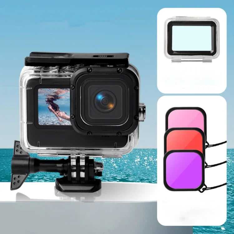 เคสกันน้ำ + ฝาหลังแบบสัมผัส + ฟิลเตอร์เลนส์สีม่วง แดง ชมพู สำหรับ GoPro HERO10 Black / HERO9 Black, เคส + ฝาครอบสัมผัส + ฟิลเตอร์ 3 สีสำหรับ GoPro9