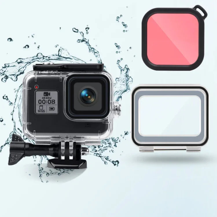 เคสกันน้ำ 45 ม. + ฝาหลังแบบสัมผัส + ฟิลเตอร์เลนส์สีสำหรับ GoPro HERO8 Black, เคส + ฝาครอบสัมผัส + ฟิลเตอร์สีชมพูสำหรับ GoPro8, เคส + ฝาครอบสัมผัส + ฟิลเตอร์สีม่วงสำหรับ GoPro8, เคส + ฝาครอบสัมผัส + ฟิลเตอร์สีแดงสำหรับ GoPro8
