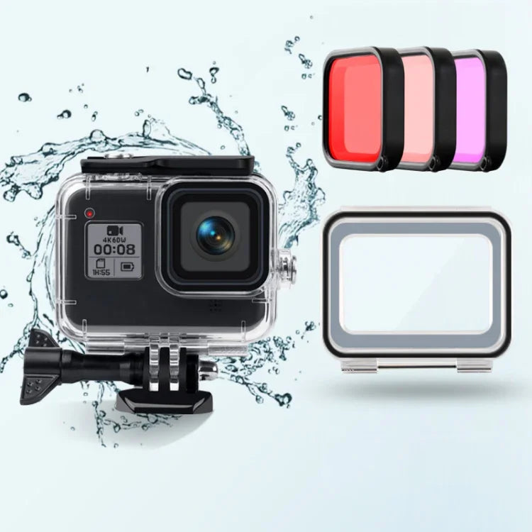 เคสกันน้ำ 45 ม. + ฝาหลังแบบสัมผัส + ฟิลเตอร์เลนส์สีม่วง แดง ชมพู สำหรับ GoPro HERO8 Black, เคส + ฝาครอบสัมผัส + ฟิลเตอร์ 3 สีสำหรับ GoPro 8