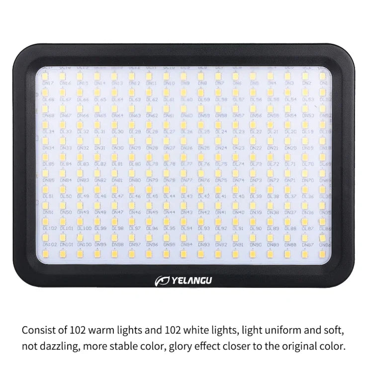 YELANGU YLG0504B ไฟสตูดิโอวิดีโอและถ่ายภาพ 204 LEDs 1000LM 3300-5600K ไม่มีขั้ว ปรับความสว่างได้ สำหรับกล้อง Canon, Nikon, DSLR, 204 LEDs