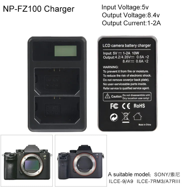 เครื่องชาร์จแบตเตอรี่ดิจิทัลจอ LCD สองช่องพร้อมพอร์ต USB สำหรับแบตเตอรี่ Sony NP-FZ100, ใช้ได้กับ Sony A9 (ILCE-9), แบตเตอรี่ NP-FZ100 คู่