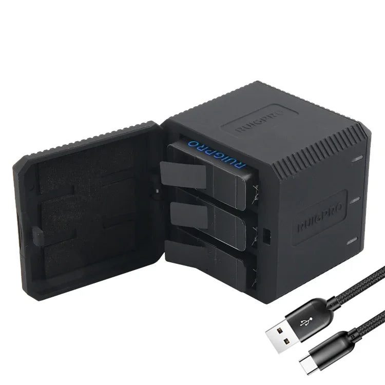 RUIGPRO กล่องชาร์จแบตเตอรี่สามก้อน USB พร้อมสาย USB และไฟแสดงสถานะสำหรับ GoPro HERO6 /5