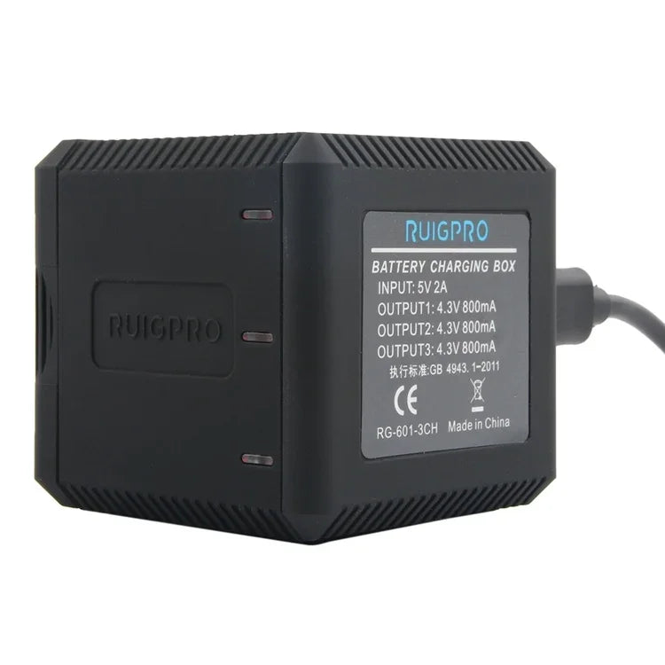 RUIGPRO กล่องชาร์จแบตเตอรี่สามก้อน USB พร้อมสาย USB และไฟแสดงสถานะสำหรับ GoPro HERO6 /5