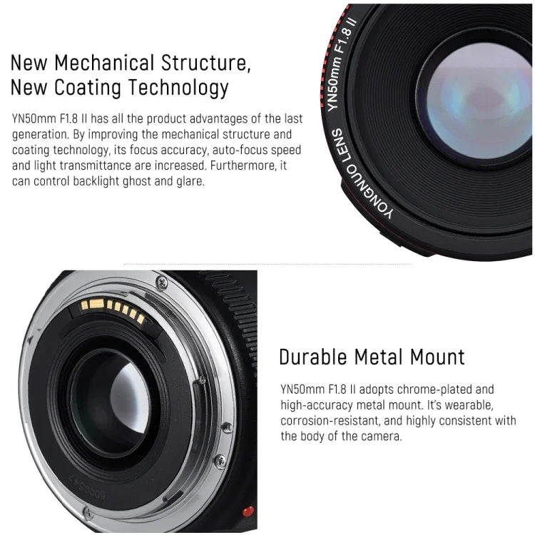 เลนส์โฟกัสอัตโนมัติ YONGNUO YN50MM F1.8C II F1.8 สำหรับ Canon EF Mount เลนส์ใหม่, YN50mm F1.8C II