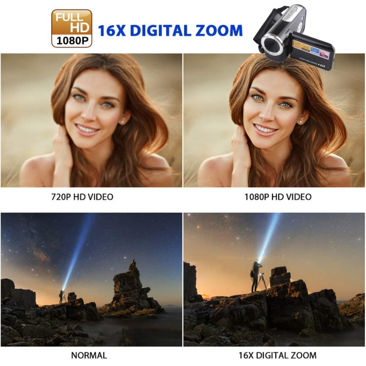 กล้องบันทึกวิดีโอดิจิทัล 16.0 MP ความละเอียด HD 1280x720P ซูมดิจิทัล 16 เท่า พร้อมหน้าจอ LCD ขนาด 2.0 นิ้ว