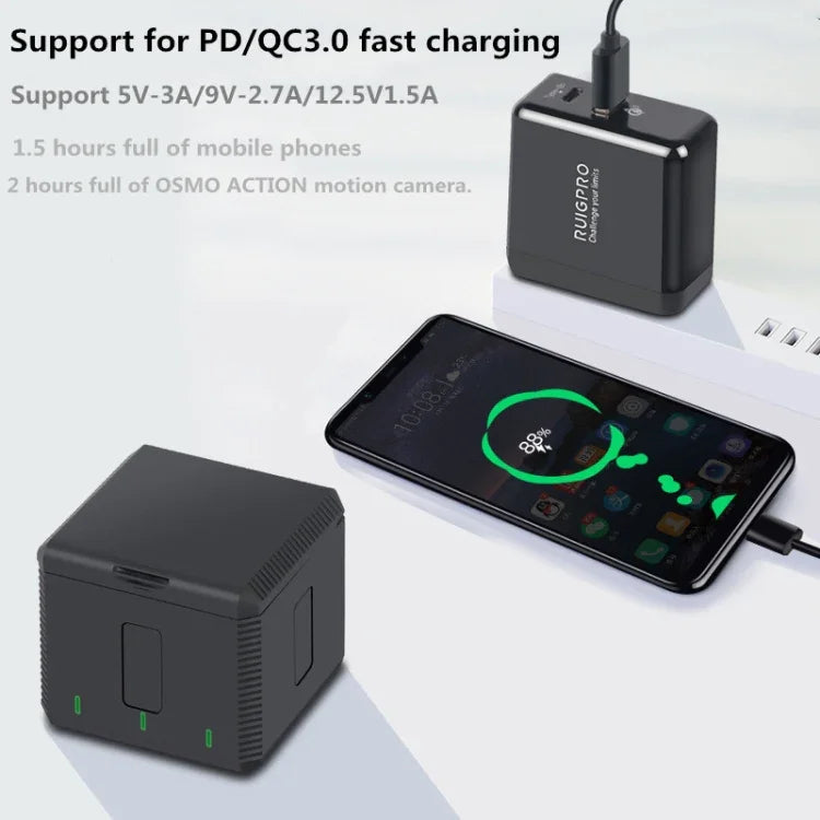 กล่องชาร์จแบตเตอรี่ USB แบบสามก้อนพร้อมไฟ LED สำหรับ DJI OSMO Action 1, กล่องชาร์จ
