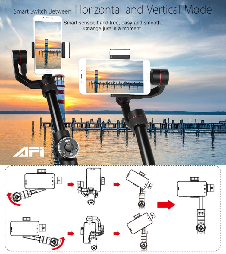 AFI V5 กันสั่นกิมบอลอลูมิเนียมไร้แปรง 3 แกนแบบถือมือ พร้อมขาตั้งกล้องและไฟเติม สำหรับสมาร์ทโฟนขนาดไม่เกิน 6 นิ้ว รองรับการติดตามใบหน้า